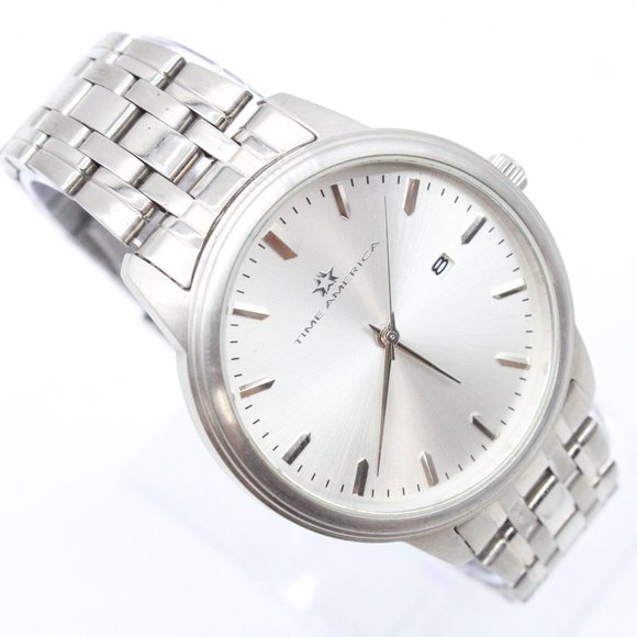 Time America Watch Mens Silver Tone Stainless Steel Classic Quartz Silver Dial - Picture 4 of 8